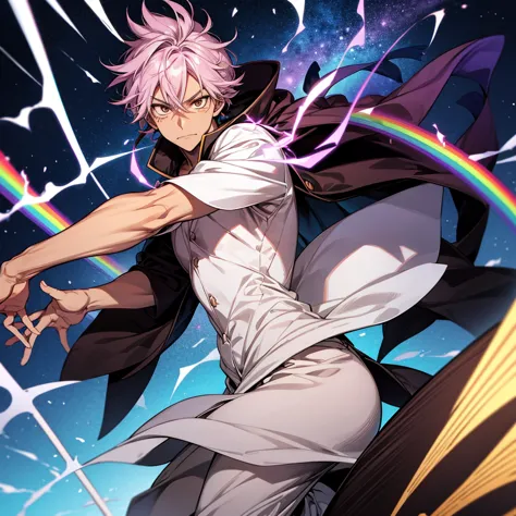 In Tite Kubo style style, shinigami male, rainbow hair, brown skin, glass