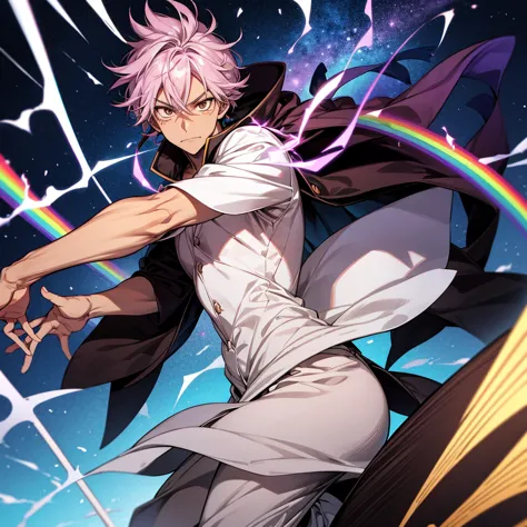 in tite kubo style style, shinigami male, rainbow hair, brown skin, glass