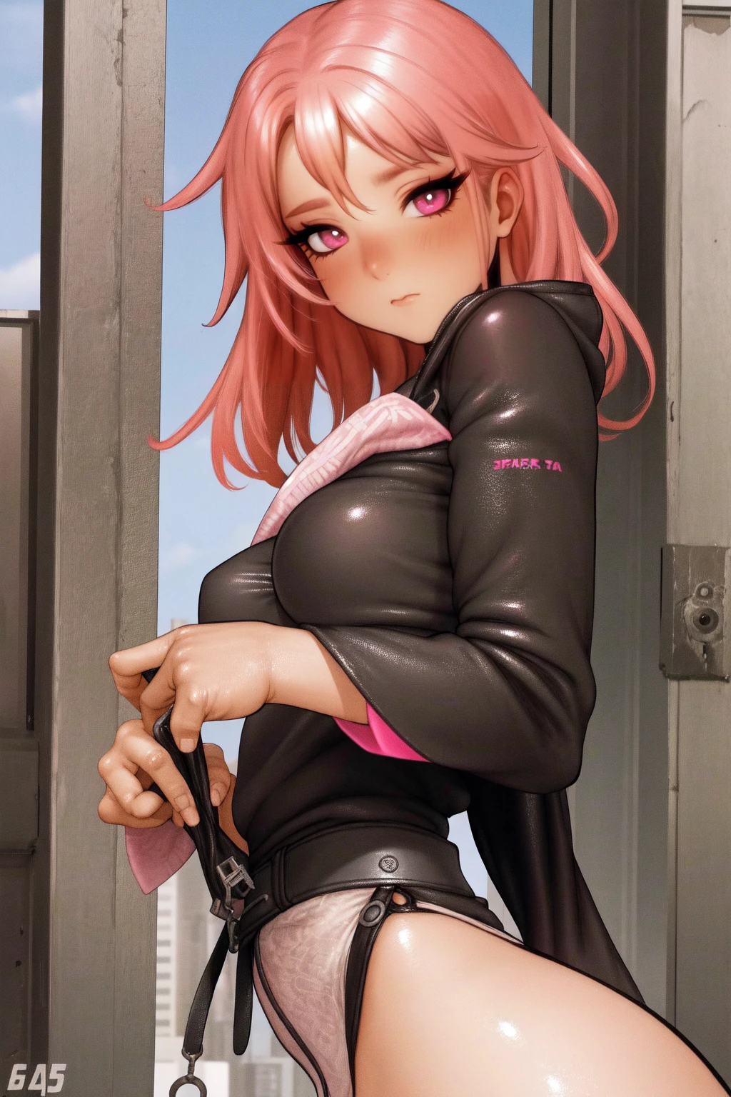 21thshirow, upper body, solo, 1girl, looking at viewer, :>, pink hair, detailed face, outdoors 