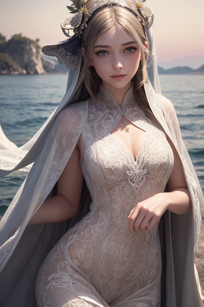 a girl with beautiful detailed eyes, beautiful detailed lips, extremely detailed face and features, long eyelashes, freckles, smiling, wearing a white gown, standing in a seaside field, 1 grey dragon beside her, detailed fantasy landscape, best quality, 4k, 8k, highres, masterpiece, ultra-detailed, realistic, photorealistic, photo-realistic, HDR, UHD, studio lighting, ultra-fine painting, sharp focus, physically-based rendering, extreme detail description, professional, vivid colors, bokeh