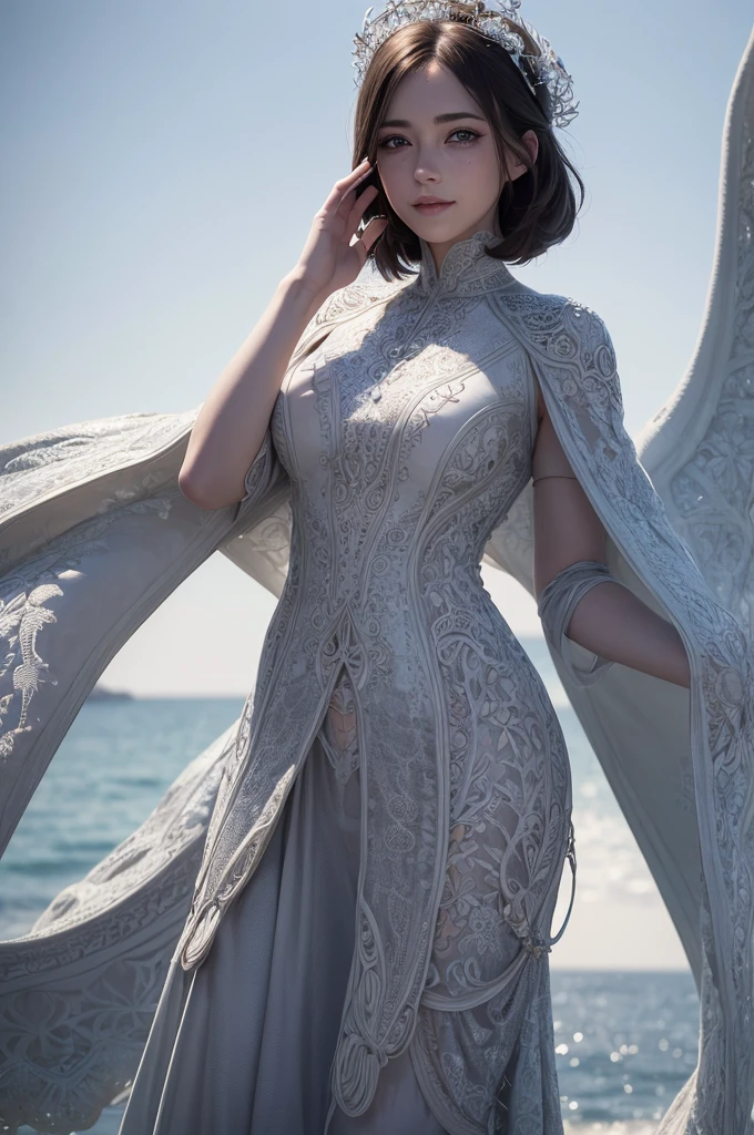 a girl with beautiful detailed eyes, beautiful detailed lips, extremely detailed face and features, long eyelashes, freckles, smiling, wearing a white gown, standing in a seaside field, 1 grey dragon beside her, detailed fantasy landscape, best quality, 4k, 8k, highres, masterpiece, ultra-detailed, realistic, photorealistic, photo-realistic, HDR, UHD, studio lighting, ultra-fine painting, sharp focus, physically-based rendering, extreme detail description, professional, vivid colors, bokeh