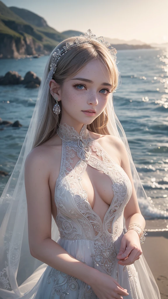 a girl with beautiful detailed eyes, beautiful detailed lips, extremely detailed face and features, long eyelashes, freckles, smiling, wearing a white gown, standing in a seaside field, 1 grey dragon beside her, detailed fantasy landscape, best quality, 4k, 8k, highres, masterpiece, ultra-detailed, realistic, photorealistic, photo-realistic, HDR, UHD, studio lighting, ultra-fine painting, sharp focus, physically-based rendering, extreme detail description, professional, vivid colors, bokeh