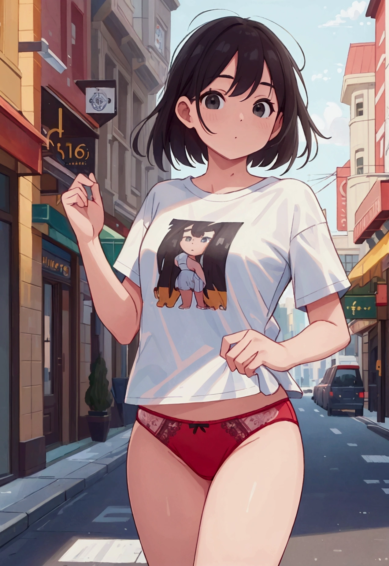 (work of art, highest quallity:1.3), (16K, high resolution:1.3)Main Street, going,tshirts,witheout panties,Very embarrassing,flatter