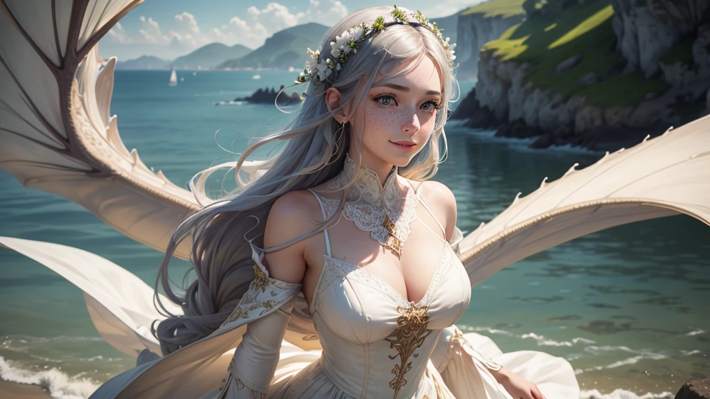 a girl with beautiful detailed eyes, beautiful detailed lips, extremely detailed face and features, long eyelashes, freckles, smiling, wearing a white gown, standing in a seaside field, 1 grey dragon beside her, from afar, detailed fantasy landscape, best quality, 4k, 8k, highres, masterpiece, ultra-detailed, realistic, photorealistic, photo-realistic, HDR, UHD, studio lighting, ultra-fine painting, sharp focus, physically-based rendering, extreme detail description, professional, vivid colors, bokeh