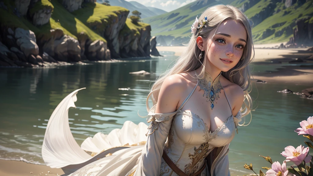 a girl with beautiful detailed eyes, beautiful detailed lips, extremely detailed face and features, long eyelashes, freckles, smiling, wearing a white gown, standing in a seaside field, 1 grey dragon beside her, from afar, detailed fantasy landscape, best quality, 4k, 8k, highres, masterpiece, ultra-detailed, realistic, photorealistic, photo-realistic, HDR, UHD, studio lighting, ultra-fine painting, sharp focus, physically-based rendering, extreme detail description, professional, vivid colors, bokeh