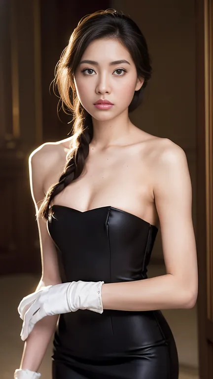 best quality, masterpiece, (photorealistic:1.4), 1girl, cowboy shot, luxury elegant bare shoulder  dress, dramatic lighting, hai...