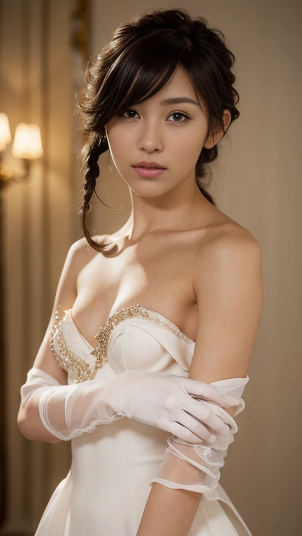 best quality, masterpiece, (photorealistic:1.4), 1girl, cowboy shot, luxury elegant bare shoulder  dress, dramatic lighting, hair over shoulders, white gloves, v arms, luxury hall background, night, japanese face, braid hair, small breasts