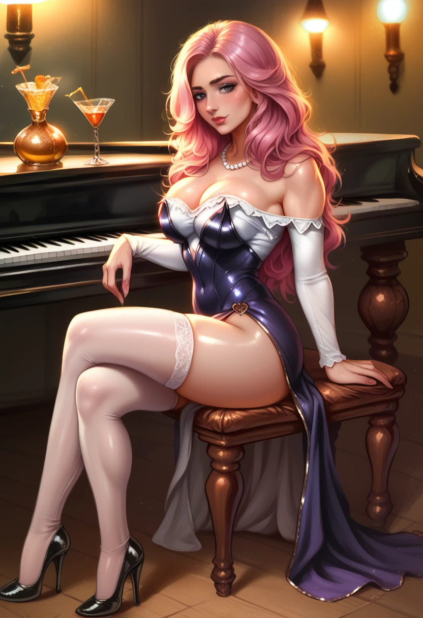 Ultra-high quality photos, (Extremely detailed), High quality photos, RAW photo, (photorealistic:1.4),
Stylized portrait of a glamorous  miss fortune with long pink hair and pearl necklace, wearing a tight-fitting purple dress with floral patterns, thigh-high stockings, and high heels, sitting seductively on a grand piano holding a golden gun, background featuring a dimly lit nightclub with neon heart signs and a cocktail on the piano, photorealistic, cinematic lighting, sharp focus, 32k resolution, art by Greg Rutkowski,
big breasts, perfect big ass, perfect fit body, hdr,toned abs,detailed hair,nsfw,hourglass body shape,photo realistic,hyperdetailed,  detailed skin, highly detailed, hyperrealism ,narrow  waist, shiny skin,bold brown eyebrows, eyeliner, smokey eyeshadow, blush,detailed skin,detailed anatomy,detailed face and eyes, jewerly,detailed hair,
 SK_CINEMATIC,  