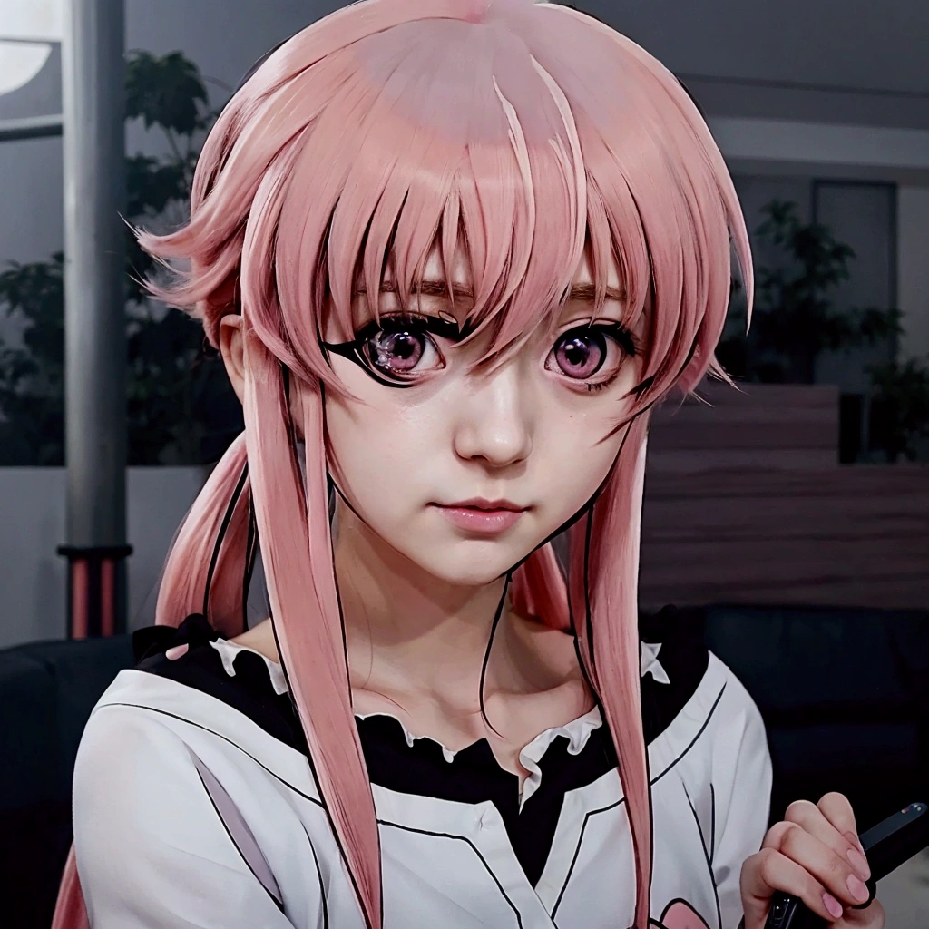 anime girl with pink hair and black and white shirt holding a cell phone, anime visual of a young woman, gasai yuno, gasai yuno, female anime character, anime visual of a cute girl, cel shaded anime, anime character, anime girl named gasai yuno, gapmoe yandere, gasai yuno, as an anime character