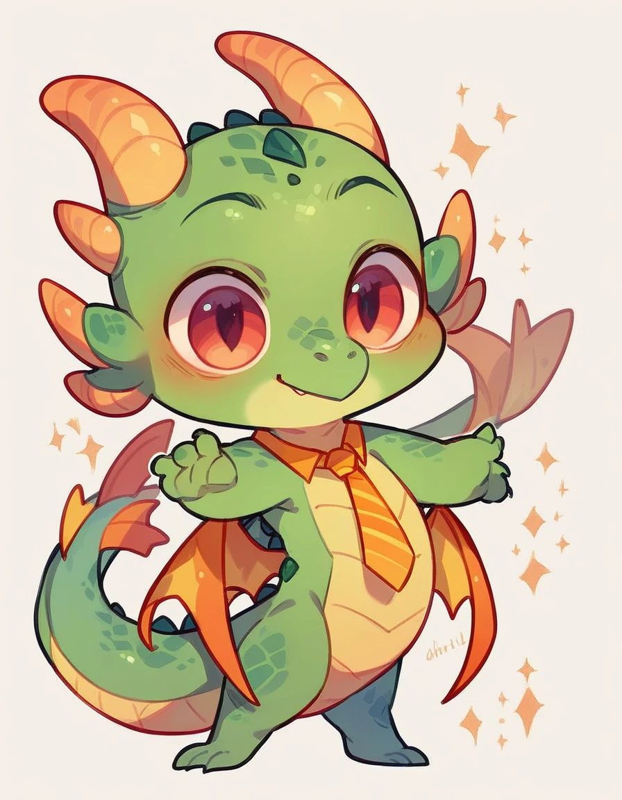  high quality, (dragon), (cute little Dragon), (cartoon:1.3),(chibi:1.2),(pixar style:1.2),(cute expression:1.1), ((((red with yellowish colors)))), he wears a gold tie, (((standing pose))), white background, full body, very cute