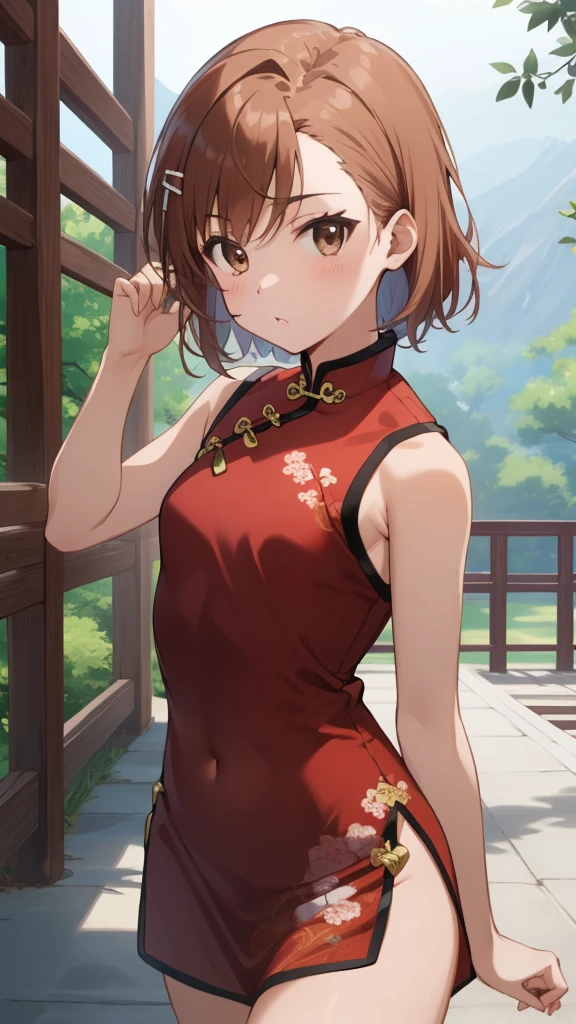 (masterpiece, best quality, 8k:1.2),Very detailed, (anime:1.1), misaka_mikoto, brown hair, short hair, hairpin, small medium breasts, 1girl, (China dress, Chinese Martial Arts), cowboy shot, looking at viewer,