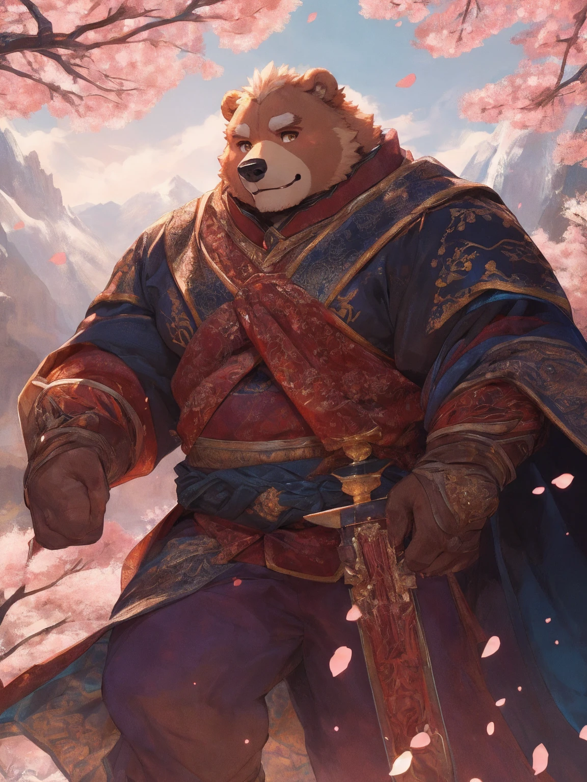 1. **type**：Bear
2. **gender**：Male 3. **appearance**：Brown fur，Golden Eyes，thick physique
4. **Clothing and Decoration**：Wearing mercenary clothing，Carrying a huge sword on his back，

#### Scenography
1. **background**：古代日本style的山間寺廟，寺廟周圍有Cherry tree和Stone lanterns
2. **detail**：Sakura petals falling in the air，Mountain peaks are faintly visible in the distance

#### Text content
1. **theme**：Glory and Protection 2. **intonation**：Solemn and inspiring 3. **Sentence Structure**：`&quot;Guard the Faith，&quot;Defend the Glory&quot;`

#### 圖像style
1. **style**：Epic and traditional combined，Has strong oriental cultural elements 2. **tone**：Soft pinks combined with stately browns and golds，Highlighting the majesty of the samurai and the beauty of the cherry blossoms

#### 其他detail
1. **Posture and expression**：
   - Bear站在寺廟前，Hold a greatsword，firm eyes，Show protection and determination
2. **background元素**：
   - 日本style的寺廟，Cherry tree，Stone lanterns，Falling cherry blossom petals，distant mountain peaks

### final design 1. **role conception**
   - **Bear**：Brown fur，Golden Eyes，thick physique。穿著Wearing mercenary clothing，Carrying a huge sword on his back，。

2. **Scenography**
   - **background**：日本style的山間寺廟，寺廟周圍有Cherry tree和Stone lanterns。Sakura petals falling in the air，Mountain peaks are faintly visible in the distance。

3. **Text content**
   - below or above the diagram，Written in a solemn and inspiring font：`&quot;Guard the Faith，&quot;Defend the Glory&quot;`

### Image design recommends that you use design software（Like Photoshop、Procreate等）To realize this picture。The following are specific step-by-step recommendations：

1. **background創建**：畫出日本style的山間寺廟background，包括Cherry tree、Stone lanterns、Falling cherry blossom petals和distant mountain peaks。
2. **character drawing**：根據描述繪製男性Bear角色，特別注意武士鎧甲和巨劍的detail。
3. **Posture and expression**：Bear站在寺廟前，Hold a greatsword，firm eyes，Show protection and determination。
4. **Add text**：Choose the right location，使用莊嚴和鼓舞的字體將Text content`&quot;Guard the Faith，&quot;Defend the Glory&quot;`Add to diagram。