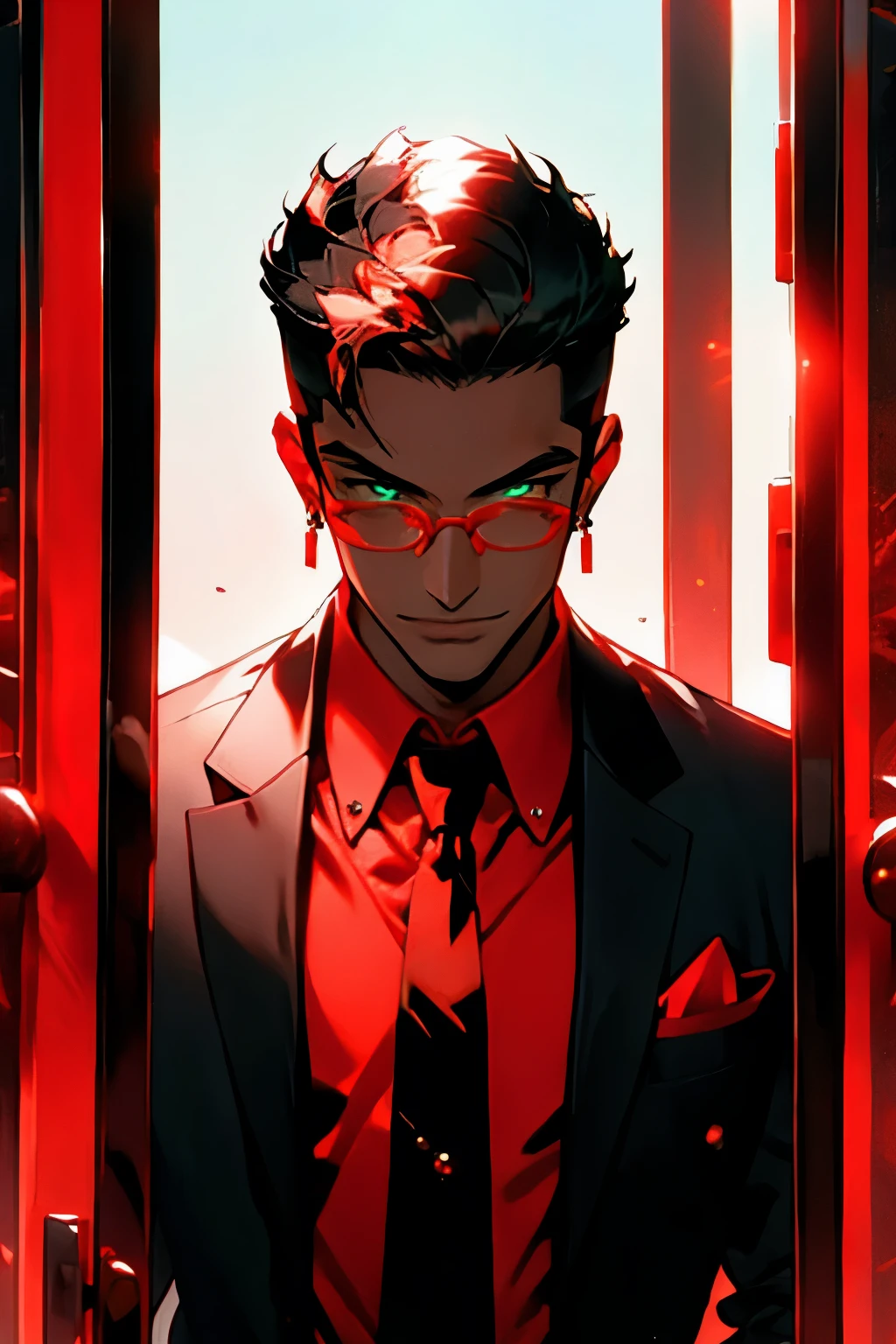 (red theme, red gradient,:1.2) redshift,red, One, I look at the viewer, smile, short hair, shirt, black hair, 1 boy, Jewelry, Jacket, upper body, male focus, earrings, tie, Glasses, collared shirt, luminous, formal, suit, red tie, luminous eyes, mirror, door, open door, doorway, opening door   