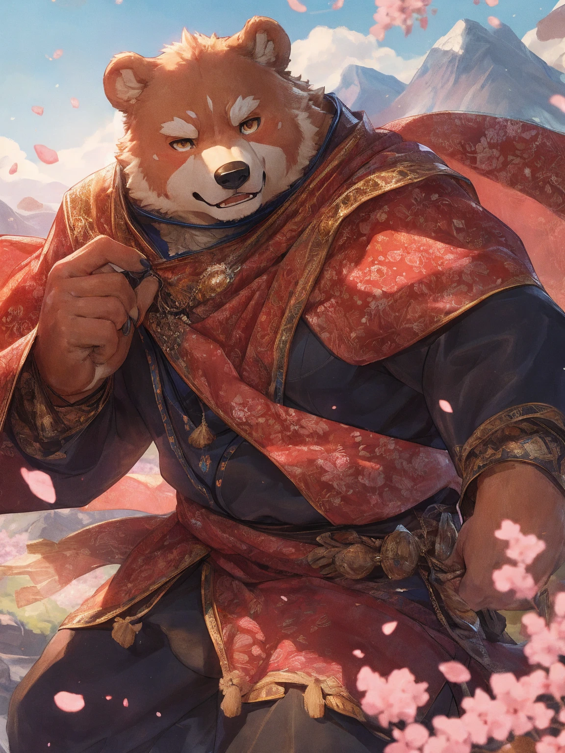 1. **type**：Bear
2. **gender**：Male 3. **appearance**：Brown fur，Golden Eyes，thick physique
4. **Clothing and Decoration**：((Wearing mercenary clothing))，Carrying a huge sword on his back，

#### Scenography
1. **background**：日本style的山間寺廟，寺廟周圍有Cherry tree和Stone lanterns
2. **detail**：Sakura petals falling in the air，Mountain peaks are faintly visible in the distance

#### Text content
1. **theme**：Glory and Protection 2. **intonation**：Solemn and inspiring 3. **Sentence Structure**：`&quot;Guard the Faith，&quot;Defend the Glory&quot;`

#### 圖像style
1. **style**：Epic and traditional combined，Has strong oriental cultural elements 2. **tone**：Soft pinks combined with stately browns and golds，Highlighting the majesty of the samurai and the beauty of the cherry blossoms

#### 其他detail
1. **Posture and expression**：
   - Bear站在寺廟前，Hold a greatsword，firm eyes，Show protection and determination
2. **background元素**：
   - 日本style的寺廟，Cherry tree，Stone lanterns，Falling cherry blossom petals，distant mountain peaks

### final design 1. **role conception**
   - **Bear**：Brown fur，Golden Eyes，thick physique。穿著Wearing mercenary clothing，Carrying a huge sword on his back，。

2. **Scenography**
   - **background**：日本style的山間寺廟，寺廟周圍有Cherry tree和Stone lanterns。Sakura petals falling in the air，Mountain peaks are faintly visible in the distance。

3. **Text content**
   - below or above the diagram，Written in a solemn and inspiring font：`&quot;Guard the Faith，&quot;Defend the Glory&quot;`

### Image design recommends that you use design software（Like Photoshop、Procreate等）To realize this picture。The following are specific step-by-step recommendations：

1. **background創建**：畫出日本style的山間寺廟background，包括Cherry tree、Stone lanterns、Falling cherry blossom petals和distant mountain peaks。
2. **character drawing**：根據描述繪製男性Bear角色，特別注意武士鎧甲和巨劍的detail。
3. **Posture and expression**：Bear站在寺廟前，Hold a greatsword，firm eyes，Show protection and determination。
4. **Add text**：Choose the right location，使用莊嚴和鼓舞的字體將Text content`&quot;Guard the Faith，&quot;Defend the Glory&quot;`Add to diagram。