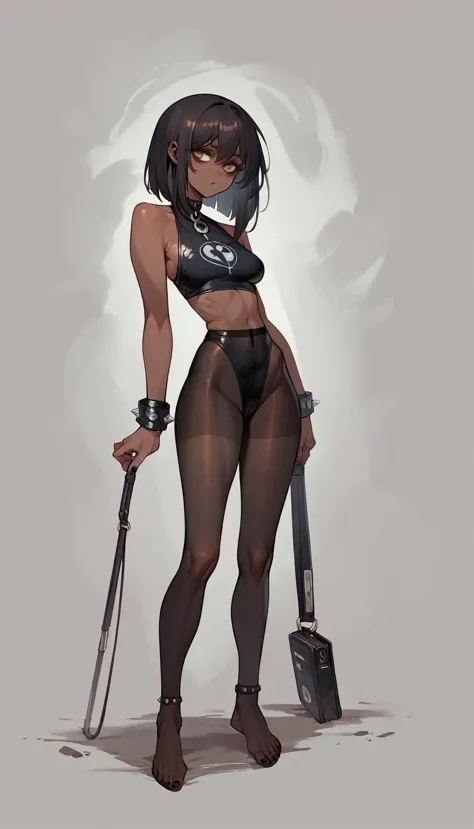 Goth Noir (nod) wearing a black swimsuit Black skin full body standing wearing black transparent pantyhose 