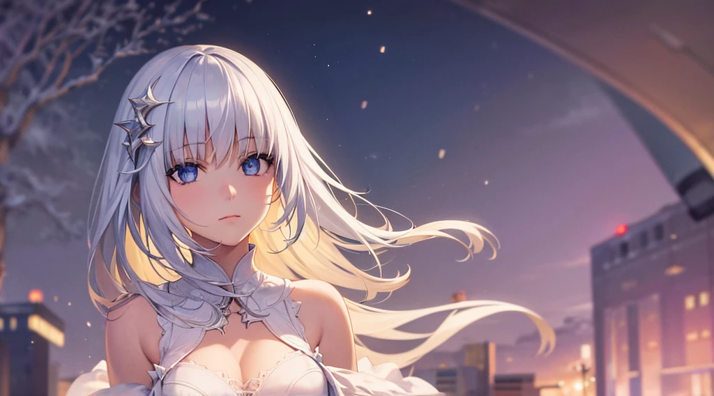 (best quality,4k,8k,highres,masterpiece:1.2),ultra-detailed,(realistic,photorealistic,photo-realistic:1.37),1girl,blue eyes, short hair, white hair, hair clips, hair pins, wearing white hoodies,city,winter snow,night,absurdres,high res, ultrasharp, 8K, masterpiece, looking at viewer, fantasy, magical, snowy rooftops, frosty breath rising, glowing streetlights, ethereal atmosphere, dreamlike, serene, quiet streets, distant city skyline, soft falling snowflakes, intricate details of the girl's face and outfit, delicate snowflakes on her eyelashes, mysterious expression, enchanting beauty, captivating gaze, snow-covered trees, blurred lights in the background, vibrant red contrasted against the white snow, mesmerizing scene, evoking a sense of wonder and magic. BREAK outdoors, city, BREAK looking at viewer, BREAK (masterpiece:1.2), best quality, high resolution, unity 8k wallpaper, (illustration:0.8), (beautiful detailed eyes:1.6), extremely detailed face, perfect lighting, extremely detailed CG, (perfect hands, perfect anatomy),
