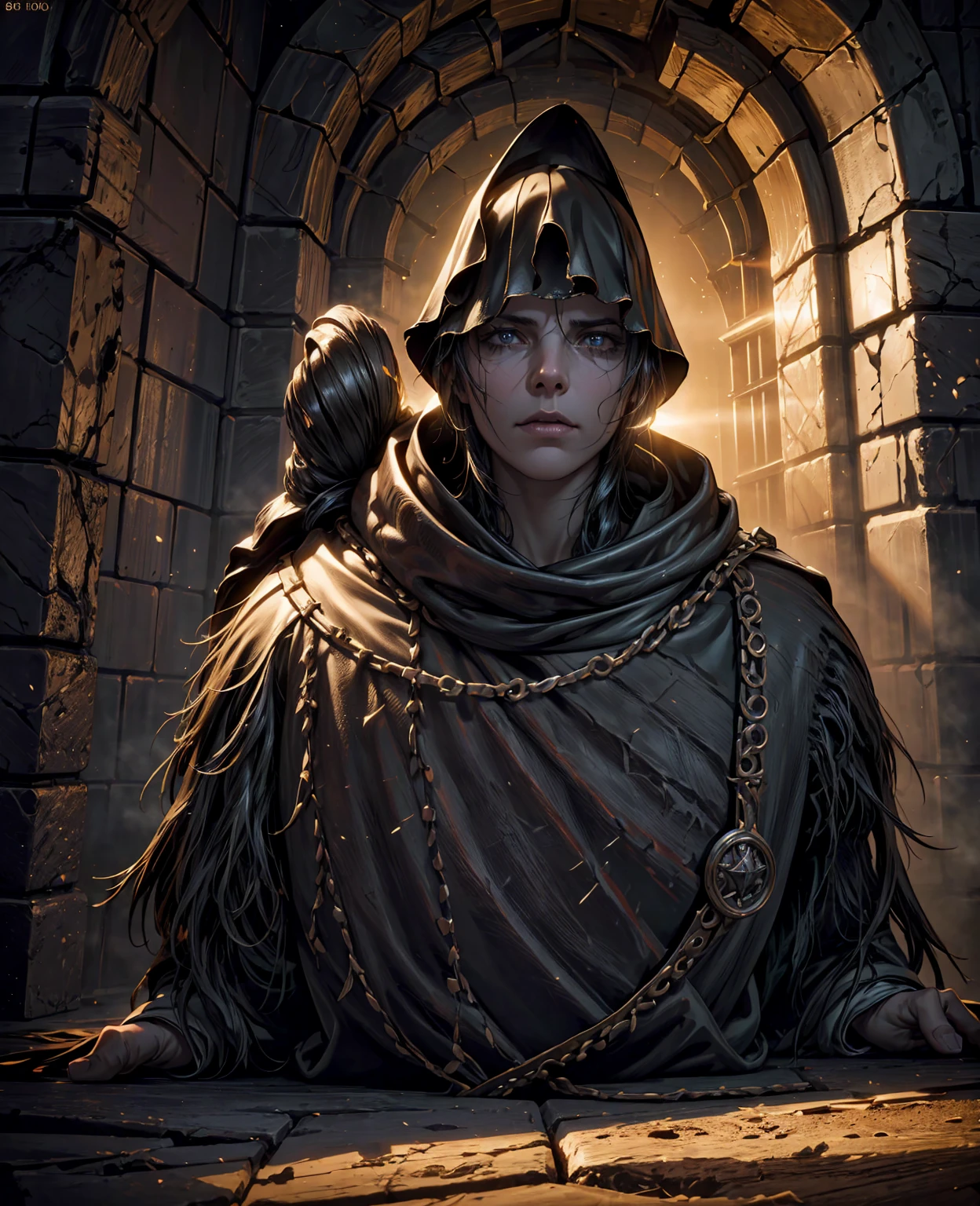 a dark and ominous dungeon, ornate medieval architecture, gothic arched ceilings, flickering torchlight, mossy stone walls, ancient rusted weapons, dusty old books, eerie ambient sounds, a lone figure shrouded in darkness, dramatic chiaroscuro lighting, (best quality,4k,8k,highres,masterpiece:1.2),ultra-detailed,(realistic,photorealistic,photo-realistic:1.37),dark fantasy,cinematic composition,moody atmosphere