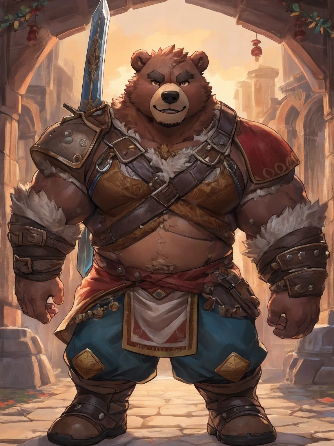 1. **type**：Bear 2. **gender**：Male 3. **appearance**：Brown fur，Golden Eyes，thick physique 4. **Clothing and Decoration**：((Wearing mercenary clothing))，Carrying a huge sword on his back， #### Scenography 1. **background**：日本style的山間寺廟，寺廟周圍有Cherry tree和Stone lanterns 2. **detail**：Sakura petals falling in the air，Mountain peaks are faintly visible in the distance #### Text content 1. **theme**：Glory and Protection 2. **intonation**：Solemn and inspiring 3. **Sentence Structure**：`&quot;Guard the Faith，&quot;Defend the Glory&quot;` #### 圖像style 1. **style**：Epic and traditional combined， 2. **tone**：Soft pinks combined with stately browns and golds，Highlighting the majesty of the samurai and the beauty of the cherry blossoms #### 其他detail 1. **Posture and expression**： - Bear站在寺廟前，Hold a greatsword，firm eyes，Show protection and determination 2. **background元素**： - 日本style的寺廟，Cherry tree，Stone lanterns，Falling cherry blossom petals，distant mountain peaks ### final design 1. **role conception** - **Bear**：Brown fur，Golden Eyes，thick physique。穿著Wearing mercenary clothing，Carrying a huge sword on his back，。 2. **Scenography** - **background**：日本style的山間寺廟，寺廟周圍有Cherry tree和Stone lanterns。Sakura petals falling in the air，Mountain peaks are faintly visible in the distance。 3. **Text content** - below or above the diagram，Written in a solemn and inspiring font：`&quot;Guard the Faith，&quot;Defend the Glory&quot;` ### Image design recommends that you use design software（Like Photoshop、Procreate等）To realize this picture。The following are specific step-by-step recommendations： 1. **background創建**：畫出日本style的山間寺廟background，包括Cherry tree、Stone lanterns、Falling cherry blossom petals和distant mountain peaks。 2. **character drawing**：根據描述繪製男性Bear角色，特別注意武士鎧甲和巨劍的detail。 3. **Posture and expression**：Bear站在寺廟前，Hold a greatsword，firm eyes，Show protection and determination。 4. **Add text**：Choose the right location，使用莊嚴和鼓舞的字體將Text content`&quot;Guard the Faith，&quot;Defend the Glory&quot;`Add to diagram。