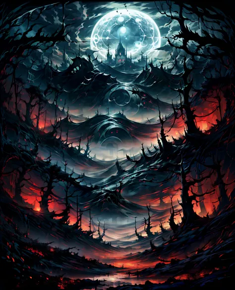 a dark and eerie landscape, haunted forest, gothic architecture, gloomy skies, gnarled twisted trees, thick fog, abandoned castl...
