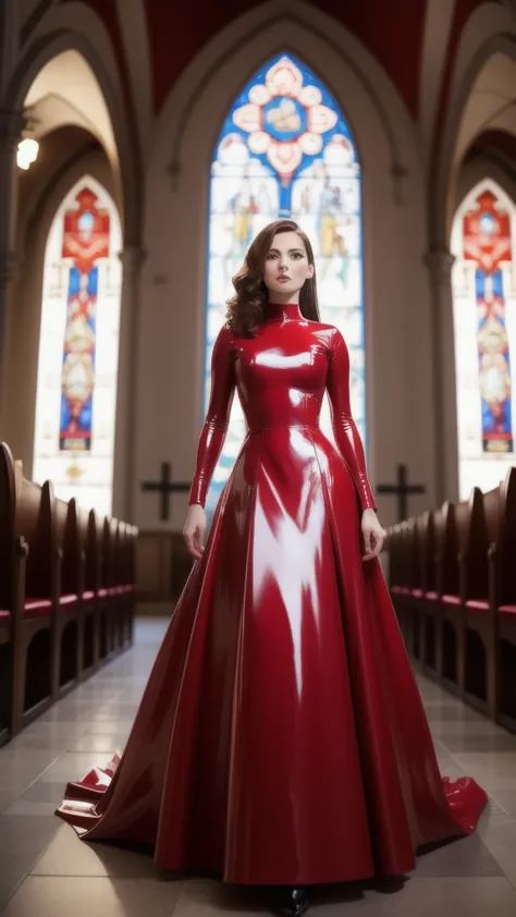 beautiful woman wearing long latex red dress in the church