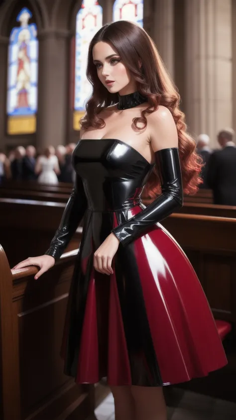 beautiful woman wearing long latex red and black dress in the church