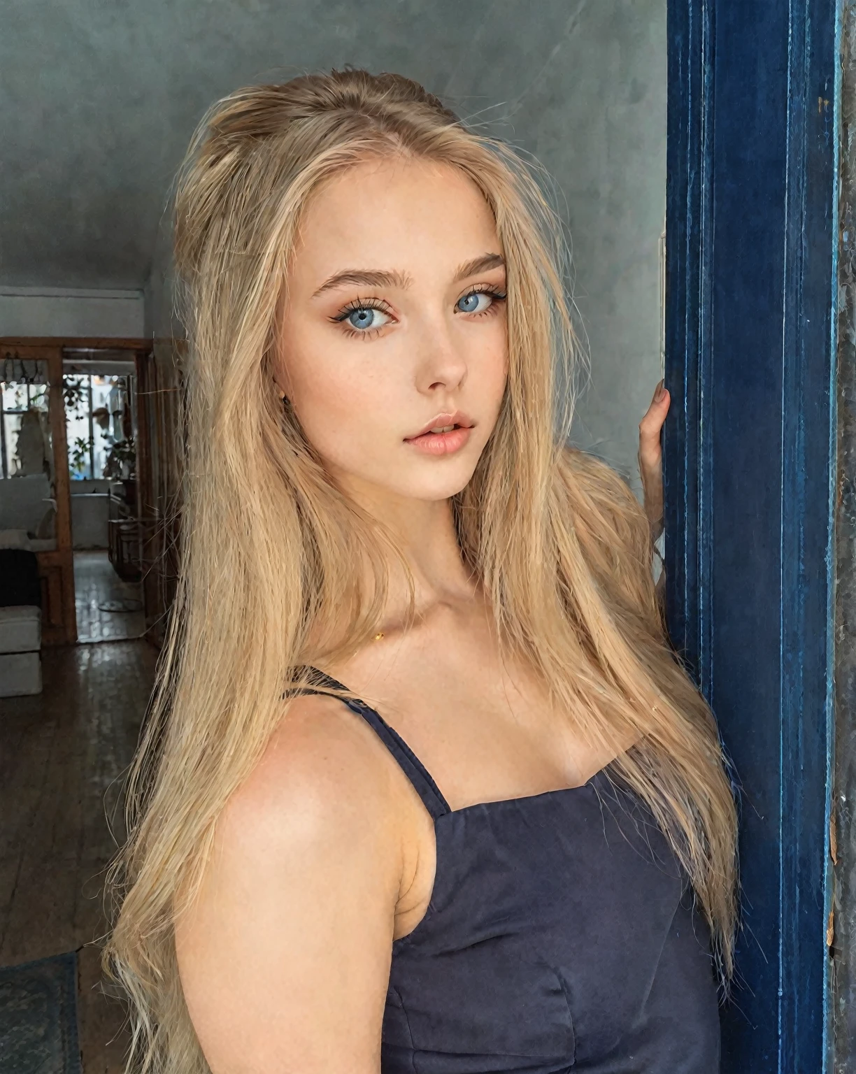 blonde woman with long hair leaning on a blue door, Portrait Sophie Mudd, Yelena Belova, 18 years, Dasha Taran, russian bride, beautiful young model, 19 year old girl, Anna Nikonova aka Newmilky, Angelina Stroganova, long blonde hair and big eyes, Anastasia Ovchinnikova, angelablanca