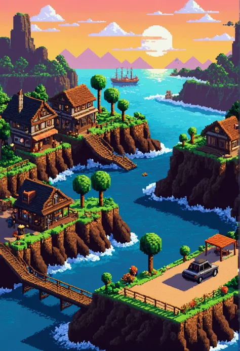 A close up of a pixel art style street with a mountain in the background -  SeaArt AI