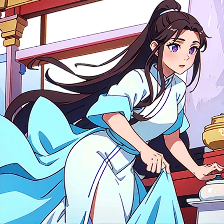 ( Best Quality, ancient china, A girl, long white Chinese dress with pastel light blue edges), long hair tied in a ponytail, Brown hair, lilac eyes, short sleeves