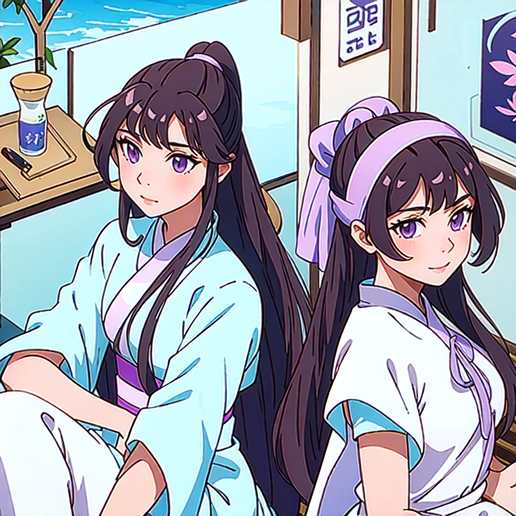 ( Best Quality, ancient china, A girl, long white Chinese dress with pastel light blue edges), long hair tied in a ponytail, Brown hair, pastel purple eyes, short sleeves
