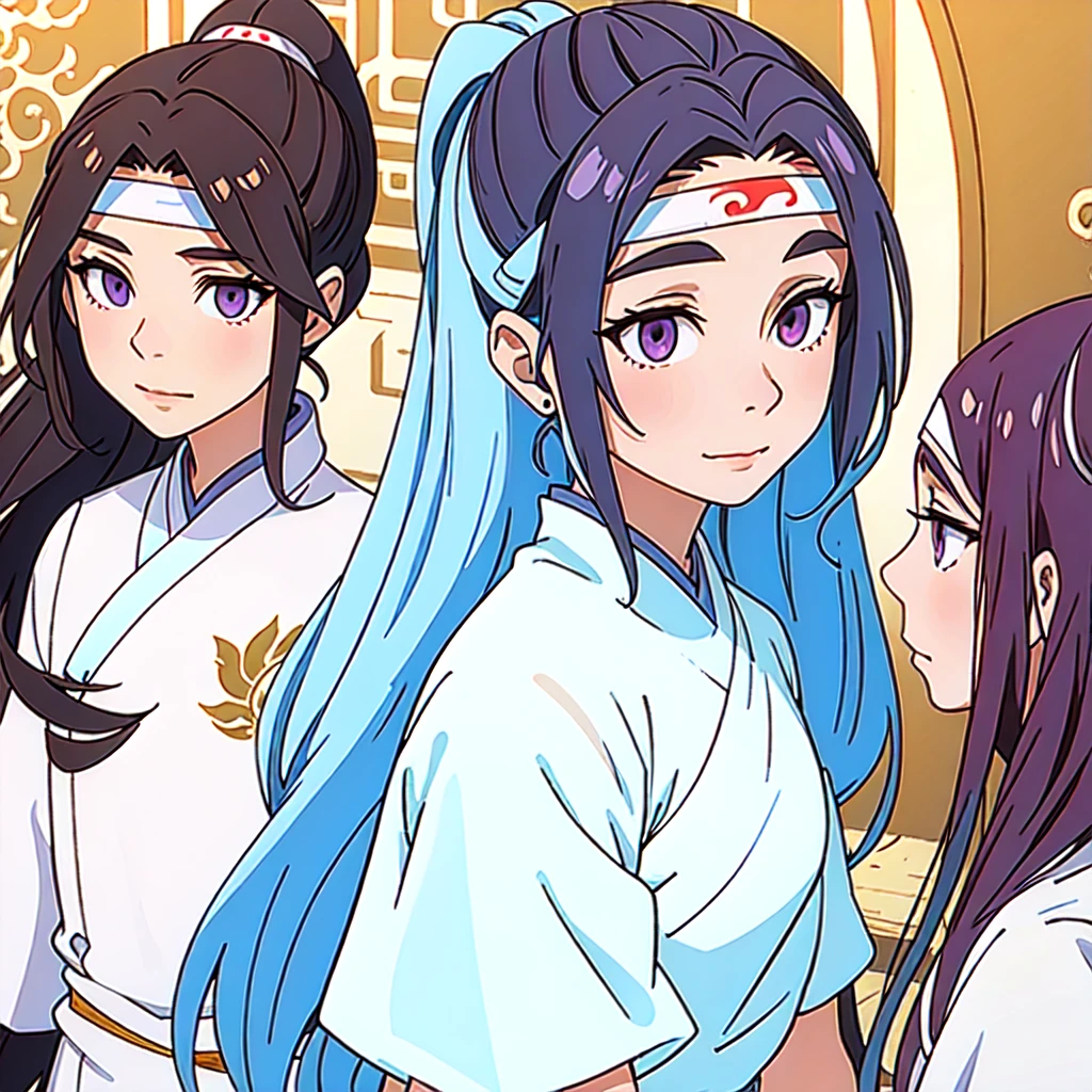 ( Best Quality, ancient china, A girl, long white Chinese dress with pastel light blue edges), long hair tied in a ponytail, Brown hair, pastel purple eyes, short sleeves
