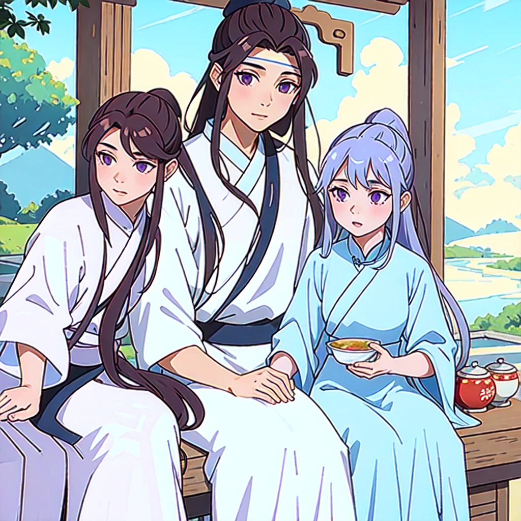 ( Best Quality, ancient china, A girl, long white Chinese dress with pastel light blue edges), long hair tied in a ponytail, Brown hair, pastel purple eyes, short sleeves
