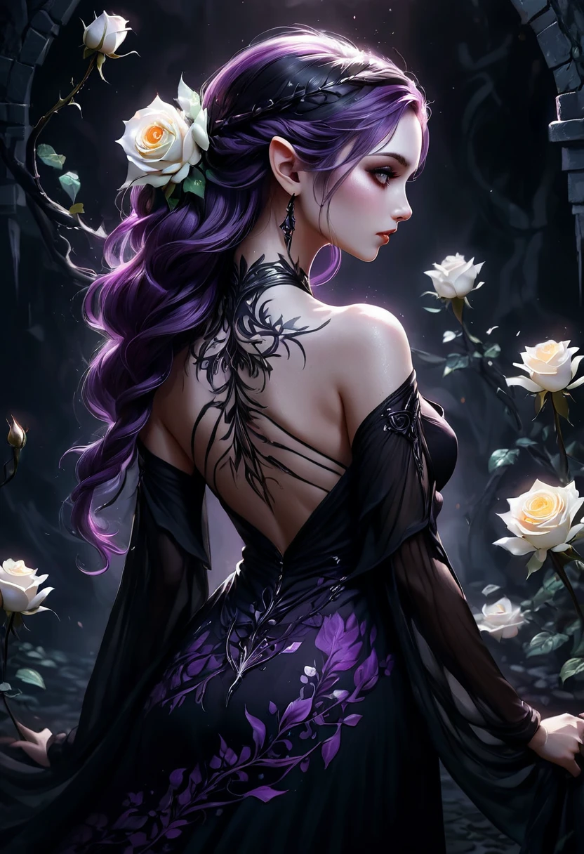 Arafed, Dark fantasy art, fantasy art, goth art, a picture of a tattoo on the back of a female elf, a glowing tattoo of a ((white rose: 1.3)) on the elf's back, the ((rose tattoo)) is vivid, intricate detailed coming to life from the ink to real life, GlowingRunesAI_purple, ((fire surrounds the rose petals: 1.5)), shoot taken from the back, ((the back is visible: 1.3), she wears a transparent black dress, the dress is elegant, flowing, elven style, that the tattoos glow, dynamic hair color, dynamic hair style, faize,, Digital Painting