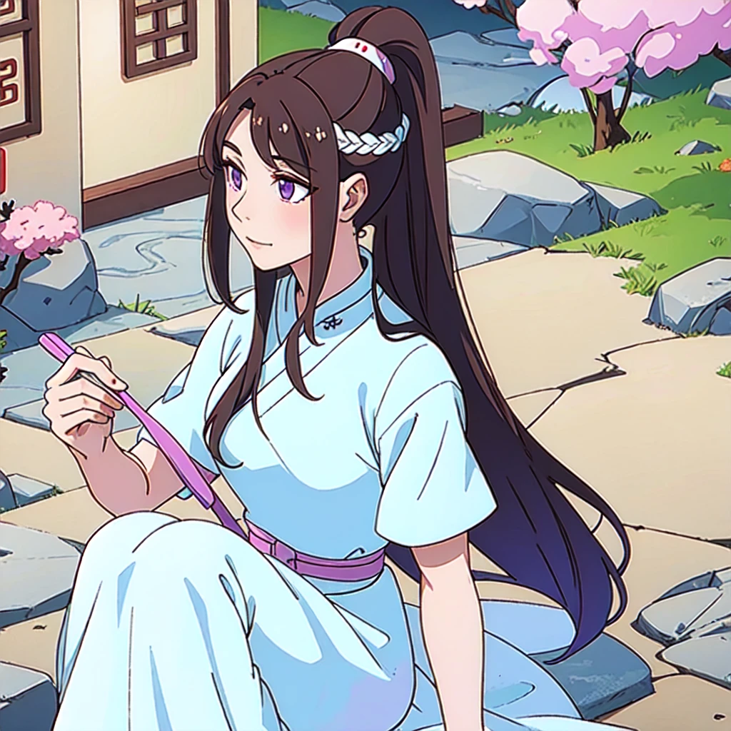 ( Best Quality, ancient china, A girl, long white Chinese dress with pastel light blue edges), long hair tied in a ponytail, Brown hair, pastel purple eyes, short sleeves
