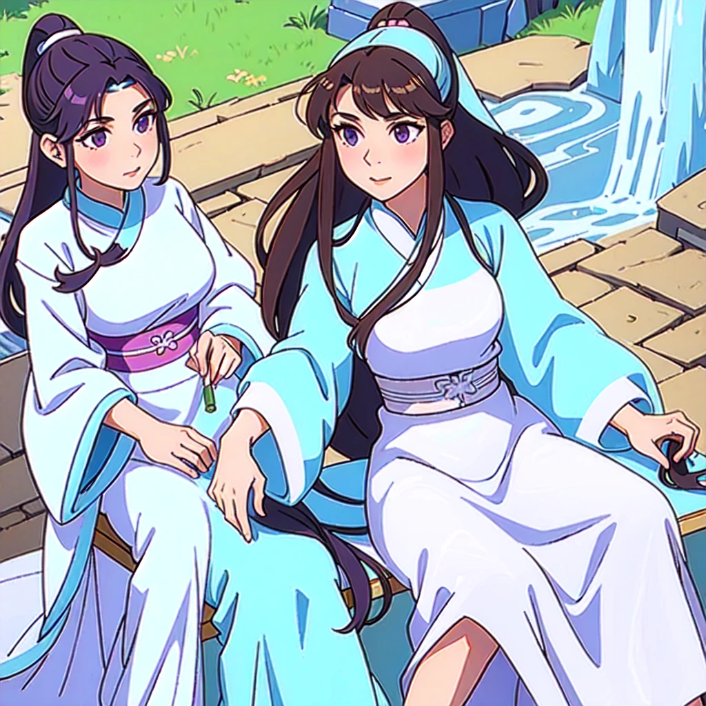 ( Best Quality, ancient china, A girl, long white Chinese dress with pastel light blue edges), long hair tied in a ponytail, Brown hair, pastel purple eyes, short sleeves
