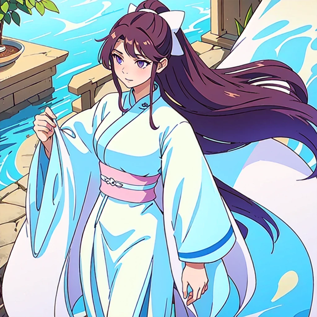 ( Best Quality, ancient china, A girl, long white Chinese dress with pastel light blue edges), long hair tied in a ponytail, Brown hair, pastel purple eyes, short sleeves
