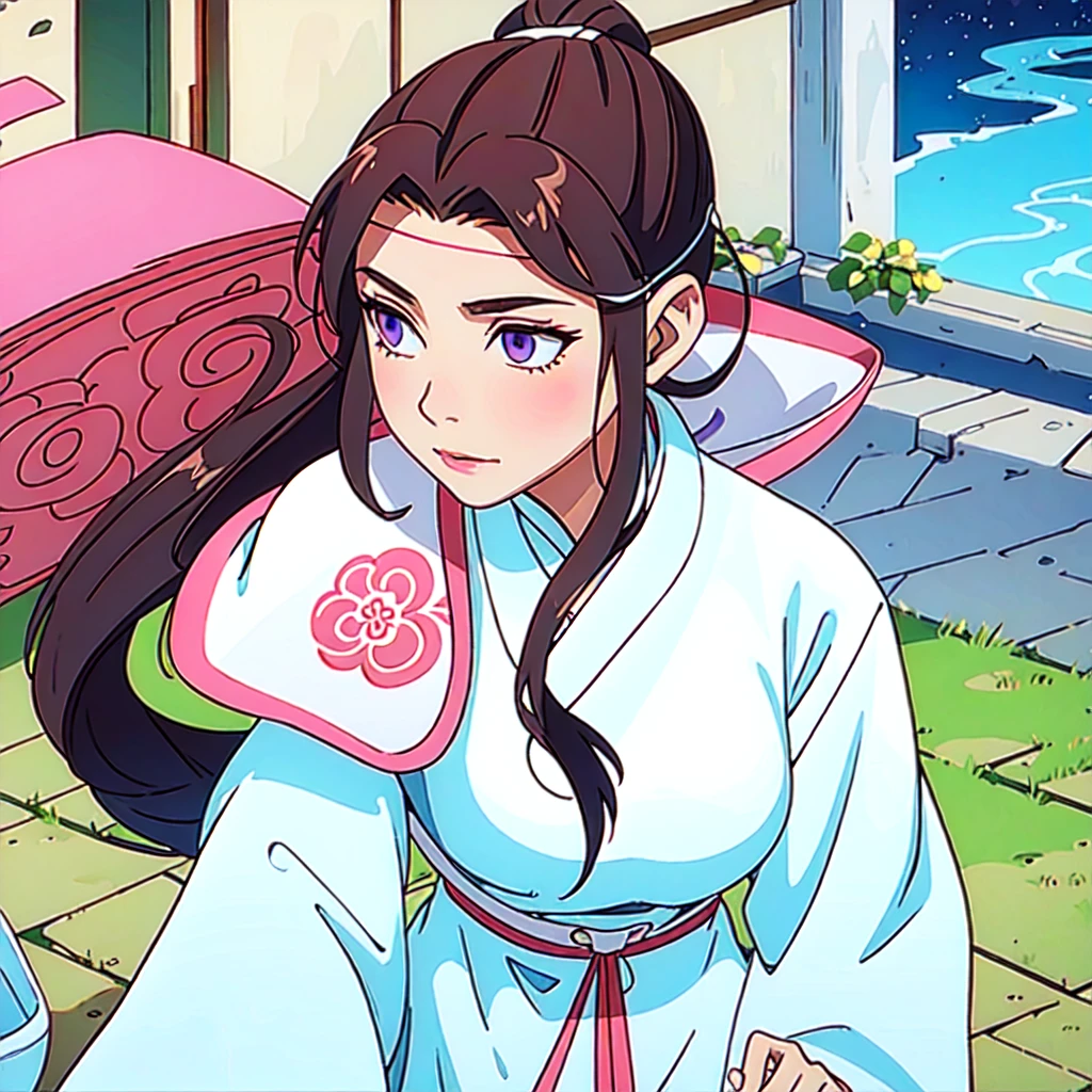 ( Best Quality, ancient china, A girl, long white Chinese dress with pastel light blue edges), long hair tied in a ponytail, Brown hair, lilac eyes, short sleeves
