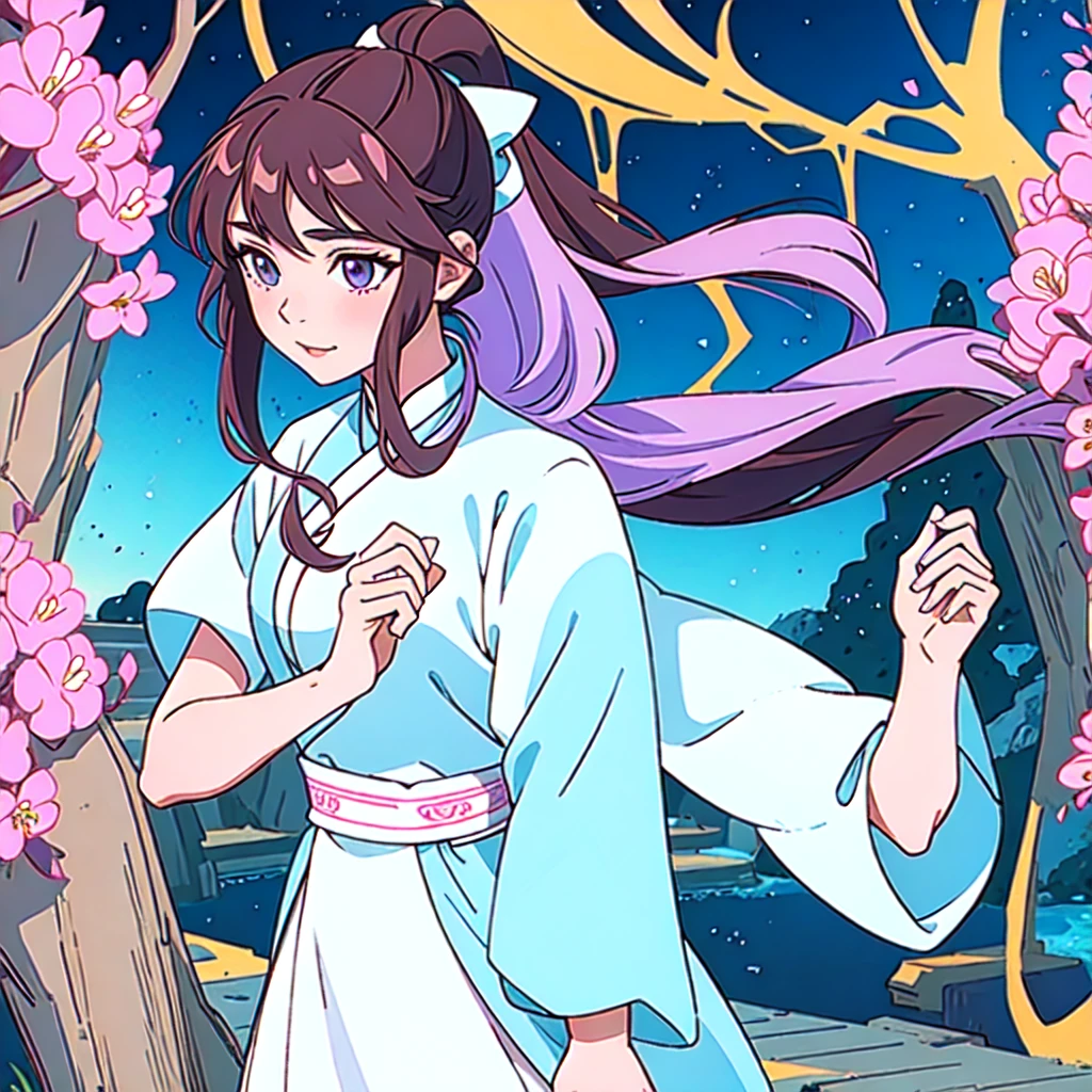 ( Best Quality, ancient china, A girl, long white Chinese dress with pastel light blue edges), long hair tied in a ponytail, Brown hair, lilac eyes, short sleeves
