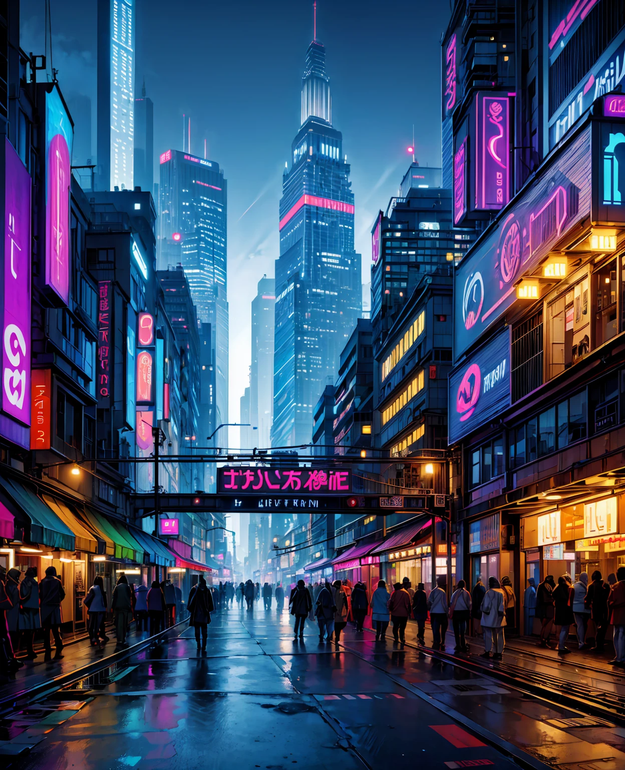 ((masterpiece)),((best quality)),((high detail)),((realistic,)) Futurist era city, architectural streets, bazaars, futuristic train lines, cyberpunk, buildings, night, European city, rainy, neon