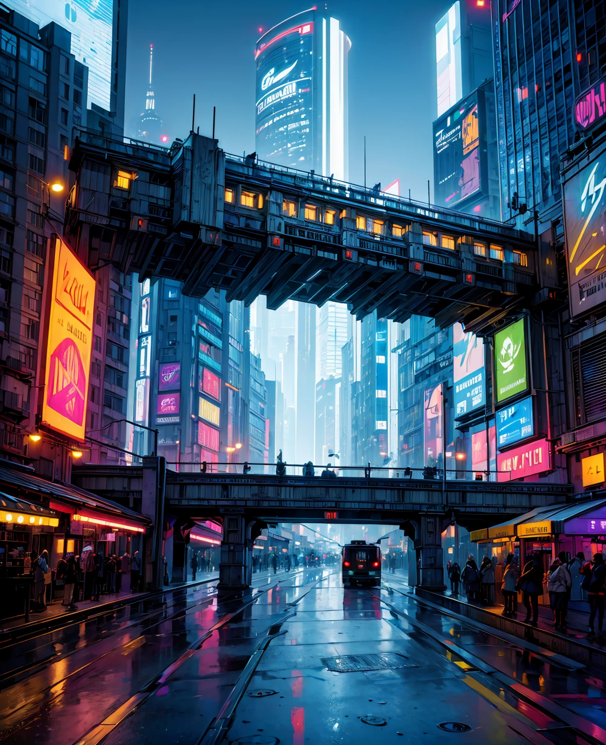 ((masterpiece)),((best quality)),((high detail)),((realistic,)) Futurist era city, architectural streets, bazaars, futuristic train lines, cyberpunk, buildings, night, European city, rainy, neon