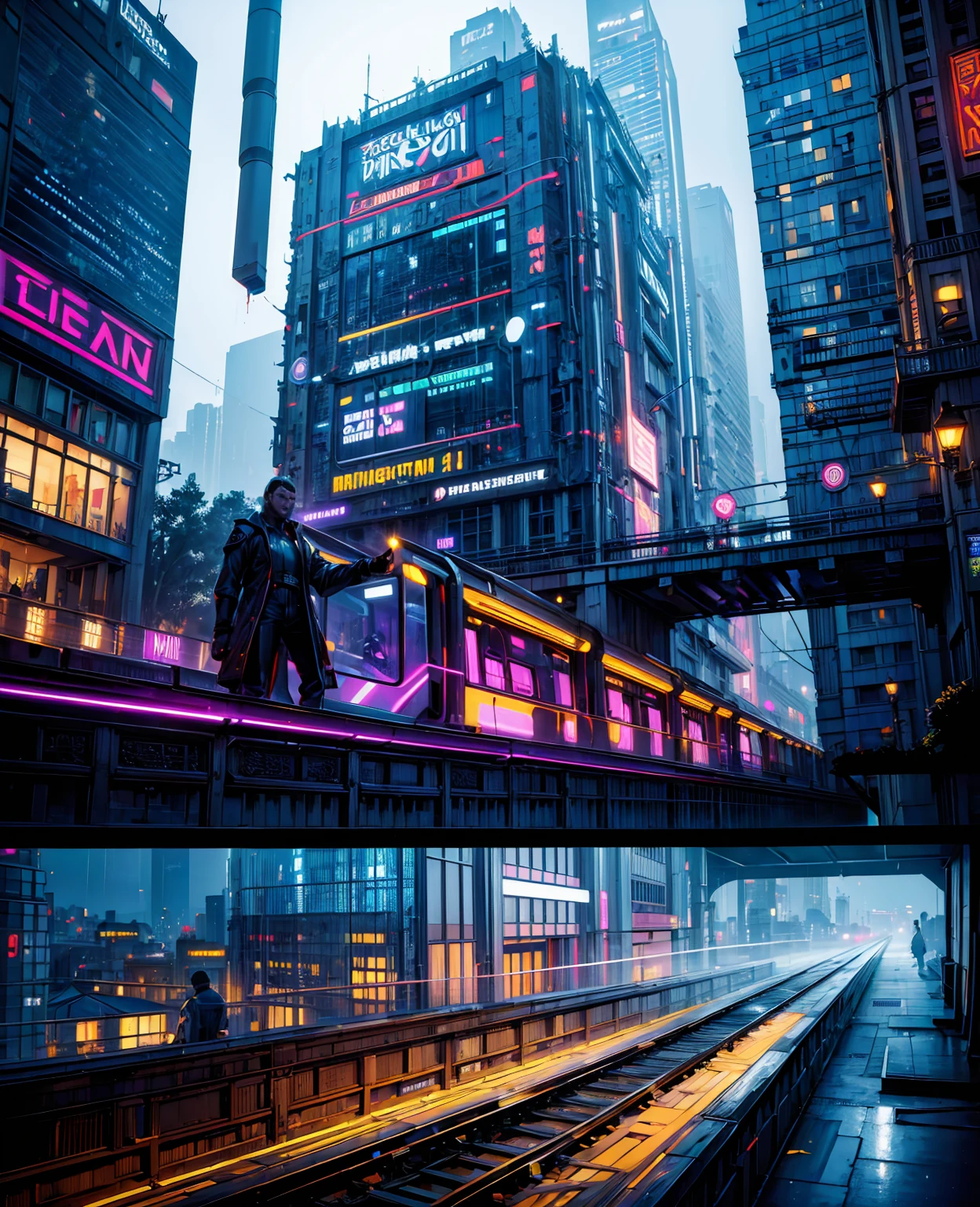 ((masterpiece)),((best quality)),((high detail)),((realistic,)) Futurist era city, architectural streets, bazaars, futuristic train lines, cyberpunk, buildings, night, European city, rainy, neon