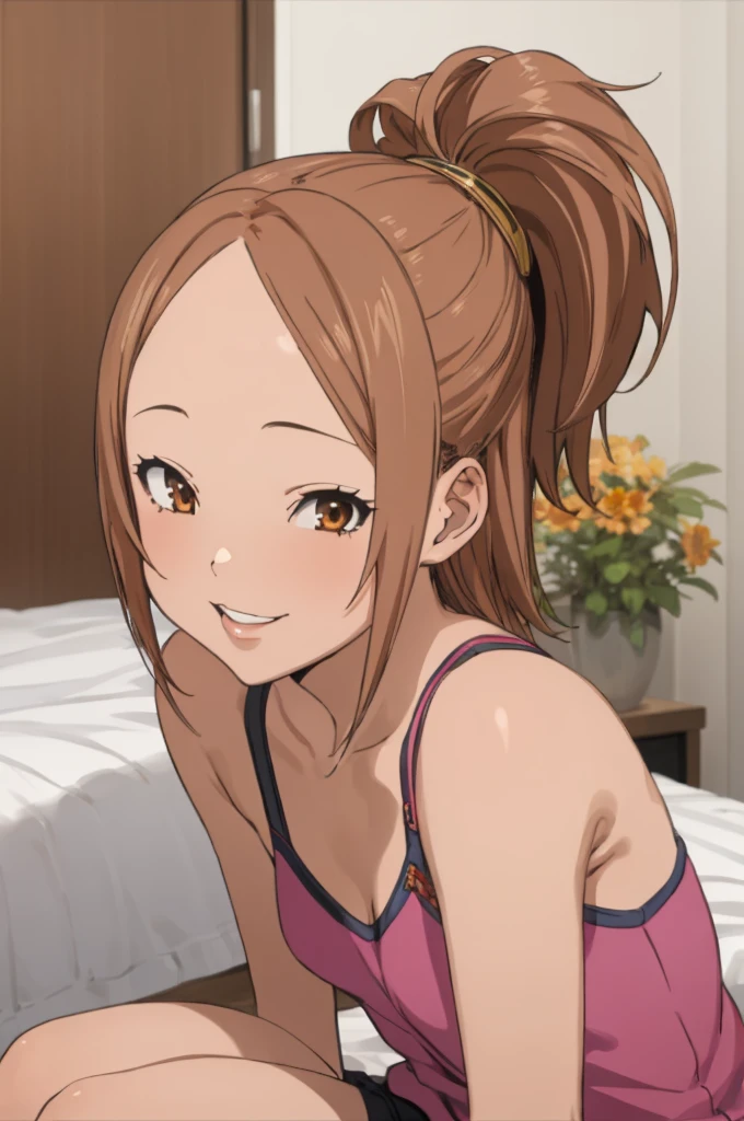 miyoshi kaya, light brown hair, high ponytail,small breasts, orange eyes, parted bangs, forehead,
 1girl,solo,looking at viewer, ,smile,,my room,(((gyaru))),l