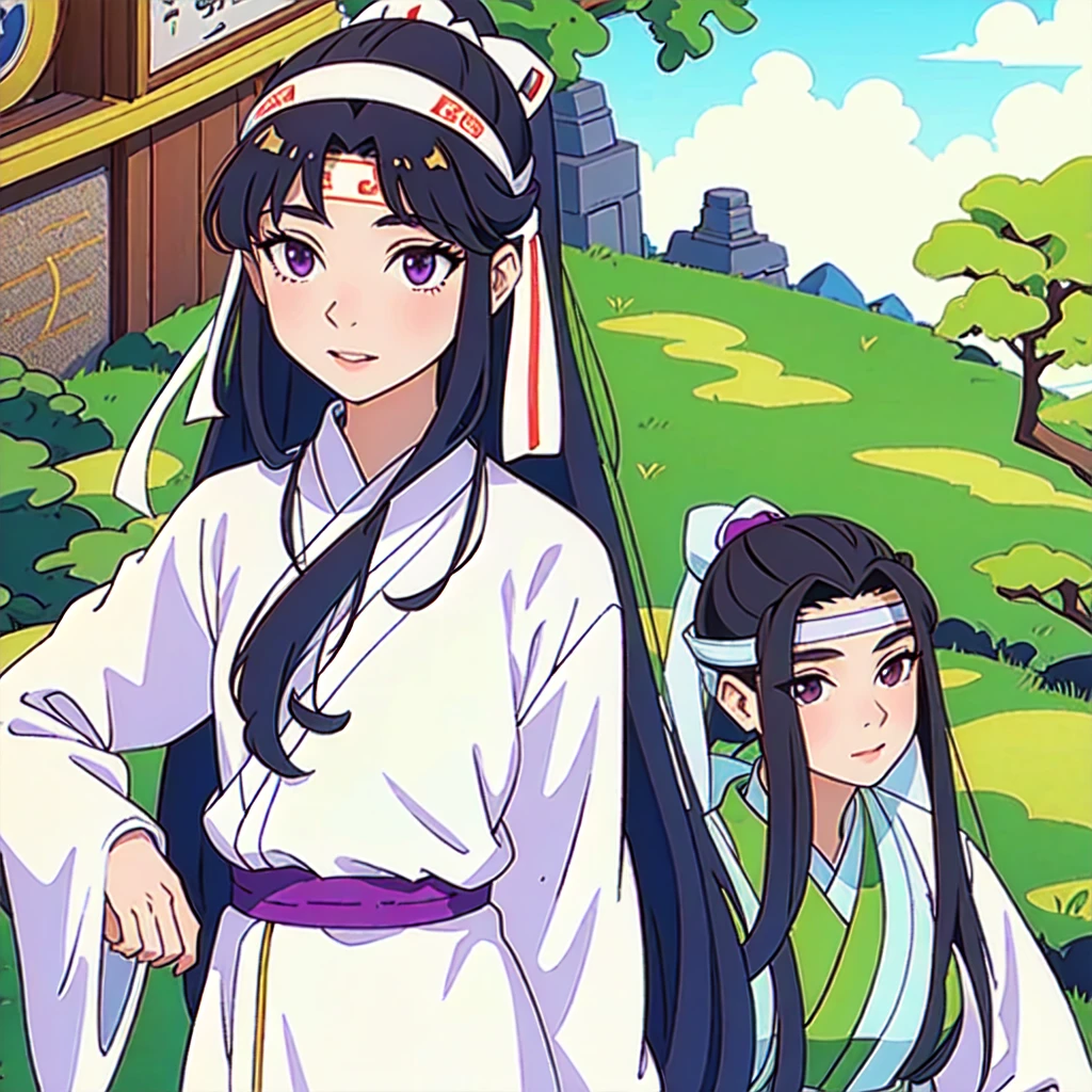 ( Best Quality, ancient china, A girl, long green chinese dress), long hair tied in two tomatoes, black hair, purple eyes, with a white ribbon on her head
