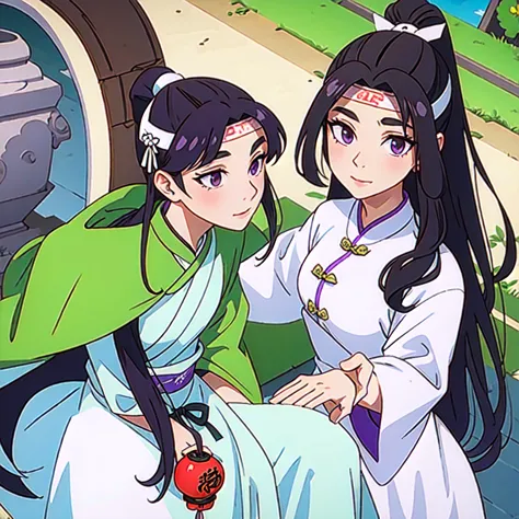 ( Best Quality, ancient china, A girl, long green chinese dress), long hair tied in two tomatoes, black hair, purple eyes, with ...