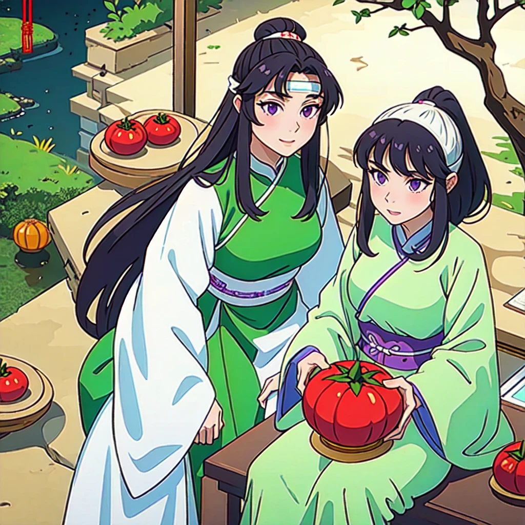 ( Best Quality, ancient china, A girl, long green chinese dress), long hair tied in two tomatoes, black hair, purple eyes, with a white ribbon on her head
