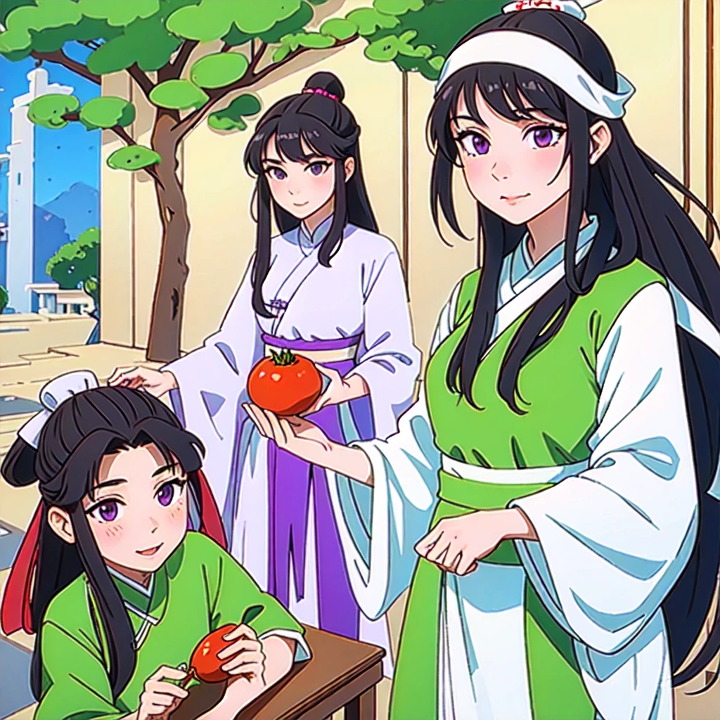 ( Best Quality, ancient china, A girl, long green chinese dress), long hair tied in two tomatoes, black hair, purple eyes, with a white ribbon on her head
