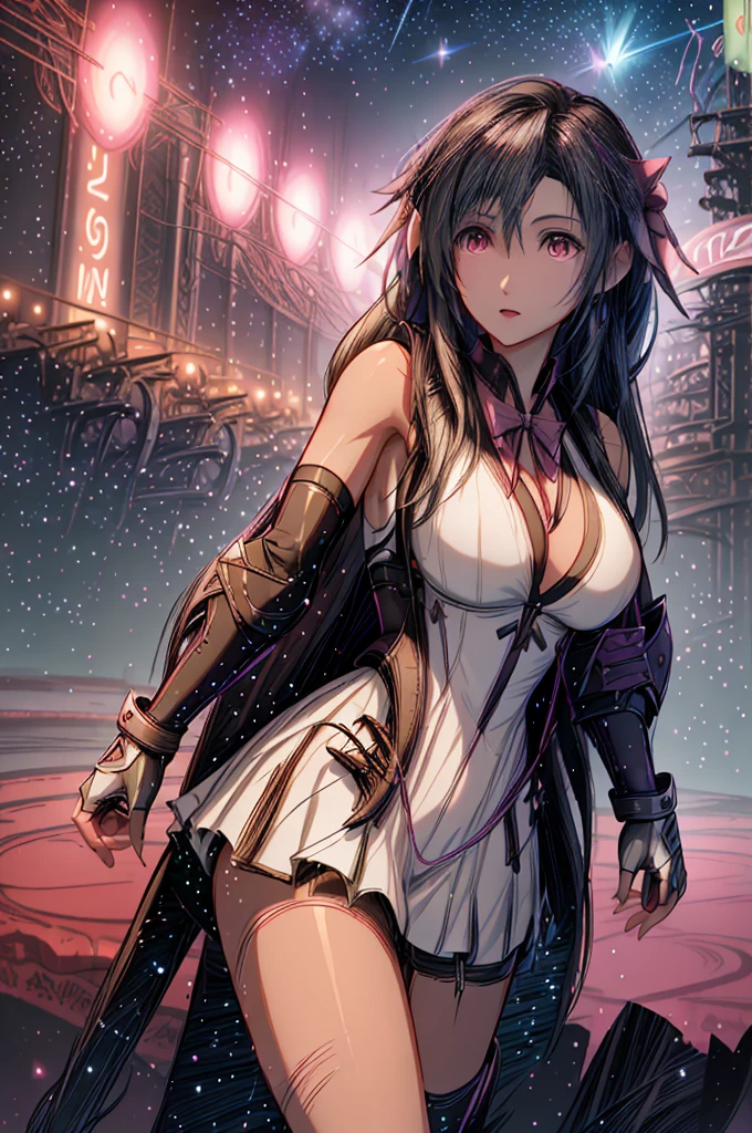 (8K HDR photorealistic pic:1.2), Tifa Lockhart, muscular, athletic, cheerful, toned body, (massive breasts), hourglass figure, fighter, long dark hair tied with ribbon at the end, ((Aerith costume, white dress, pink jacket)), seductive, red eyes, soft shadows, (masterpiece), Starry Sky with Mountains and Lake, Inspired by Jessica Rossier, Jessica Rossier Fantasy Art, Concept Art Magic Highlights, Official Artwork, ((hyperrealistic)), Ethereal Realm, Atmospheric artwork, dreamy matte paintings, serene endless stars inspired by Ted Nasmith, moonlit starry environments, epic music album covers.