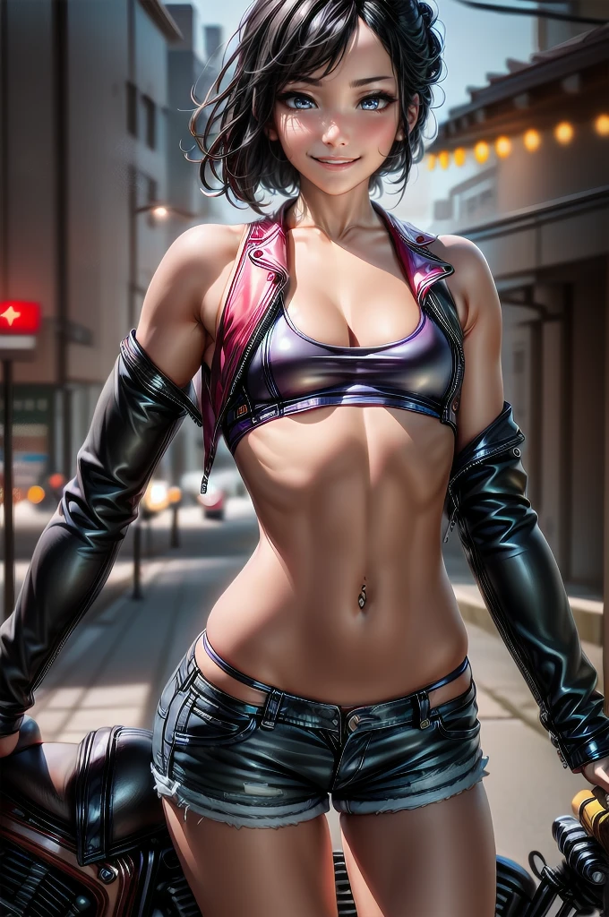 (cowboy shot), (Perfect Anatomy, top-quality, The ultra -The high-definition, high resolution, extremely detailed CG, 8K Unit Wallpapers), 2 lady, solo, beautiful detailed eyes, black hair, short bob hair, blunt bang, (small breasts, statuesque slender body, athletic), gleaming skin, oily skin, (punk fashion, leather jacket, Tank top, micro shorts), (drive a motorcycle,Harley-Davidson), on road, Tokyo, at night