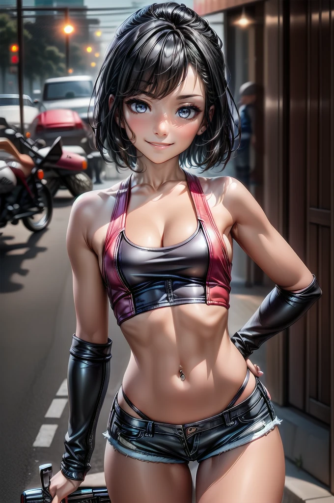 (cowboy shot), (Perfect Anatomy, top-quality, The ultra -The high-definition, high resolution, extremely detailed CG, 8K Unit Wallpapers), 26-year-old lady, solo, beautiful detailed eyes, black hair, short bob hair, blunt bang, (small breasts, statuesque slender body, athletic), gleaming skin, oily skin, (punk fashion, leather jacket, Tank top, micro shorts), (drive a motorcycle,Harley-Davidson), on road, Tokyo, at night