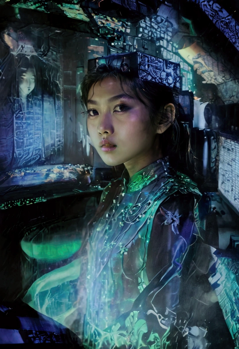 Asian girl, 1girl, green glow from screen, dim dark room, big monitors