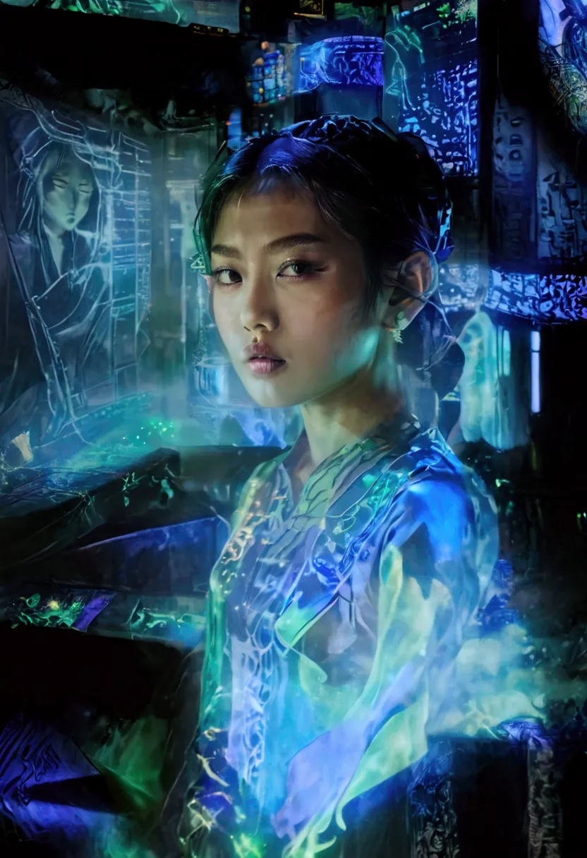 Asian girl, 1girl, green glow from screen, dim dark room, big monitors